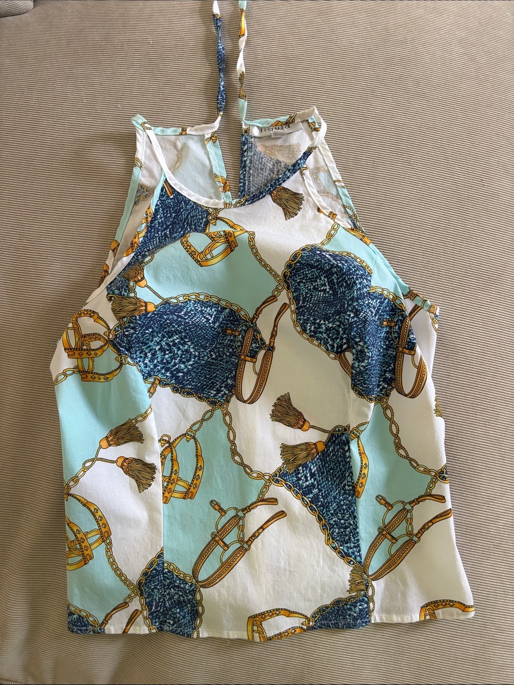 Women's Halter Tank Top with Nautical Chain Print - White & Light Blue